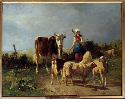 A Shepherd with a Cow and Sheep by Constant Emile Troyon