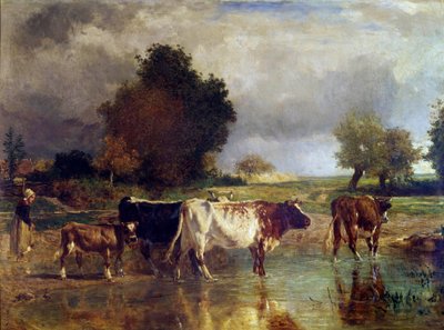Cow and Calf at the Pond or the Watering Trough by Constant Emile Troyon