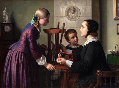 A housewife at her ribbon loom talking to two children by Constantin Hansen