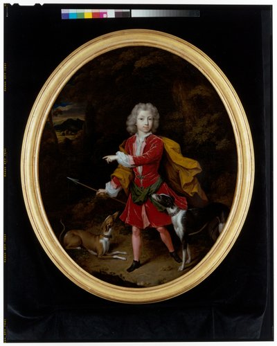 A portrait of a young man attended by a pair of hunting dogs in a wooded landscape by Constantin Netscher