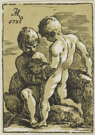 Two Children Petting a Lamb by Conte Antonio Maria Zanetti the Elder