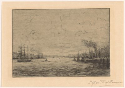 View of the Maas near Rotterdam by Cornelia Christina Johanna van Trigt Hoevenaar (signed by artist)