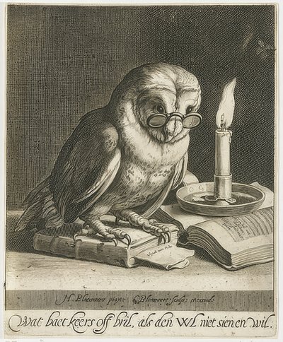 Owl with Glasses and Books. Around 1625 by Cornelis Bloemaert
