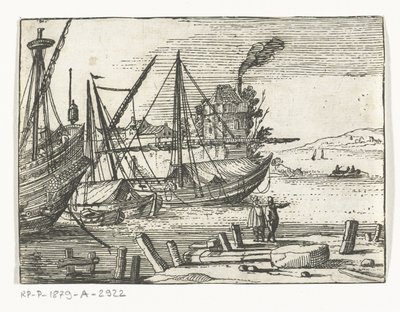 Harbor View with Two Sailing Ships and a Galleon, Two Men Standing on the Quay by Cornelis Bol (attributed to)
