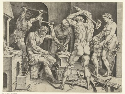 Venus and Amor in the Workshop of Vulcan by Cornelis Bos