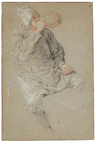 A Seated Man Drinking from an Earthenware Tankard Holding a Pipe by Cornelis Dusart