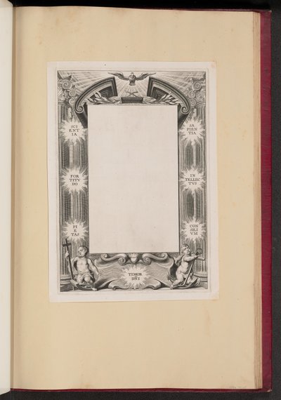 Border Illustration with Two Putti "Scientia, Fortitvdo, Pietas, Timor-DNI, Sapientia, Intellectvs, Consilivm" by Cornelis Galle I