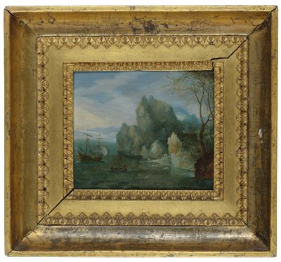 A Rocky Coastal Landscape with Figures on the Shore and a Moored Galley by Cornelis Liefrinck