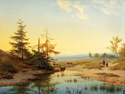 A Moorland with Figures and Cattle by a Pond by Cornelis Lieste