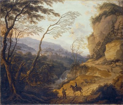 Mountain Landscape with a Rider and a Hunter in Conversation by Cornelis Matthieu