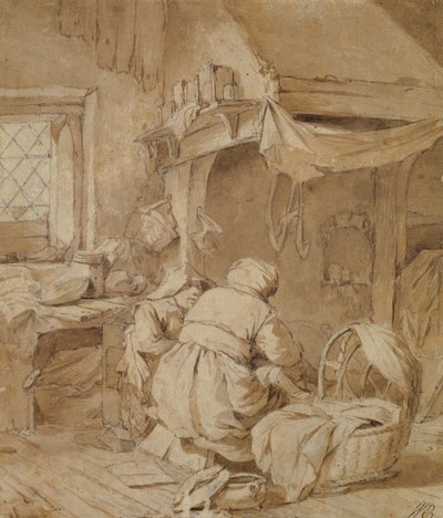 Farmhouse Parlour with Farmer, Cradle and Child by Cornelis Pietersz Bega