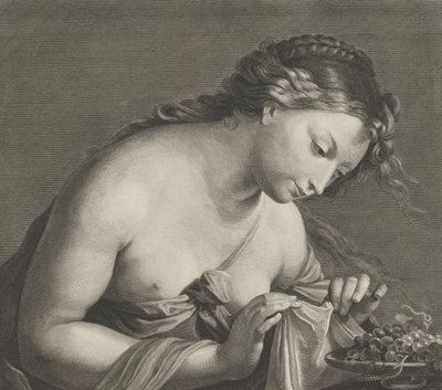 Erigone leaning over a platter of grapes and lifting a piece of cloth with both hands by Cornelis Vermeulen