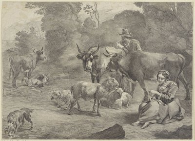 Landscape with a Shepherd and a Sewing Shepherdess by Cornelis Visscher (II)
