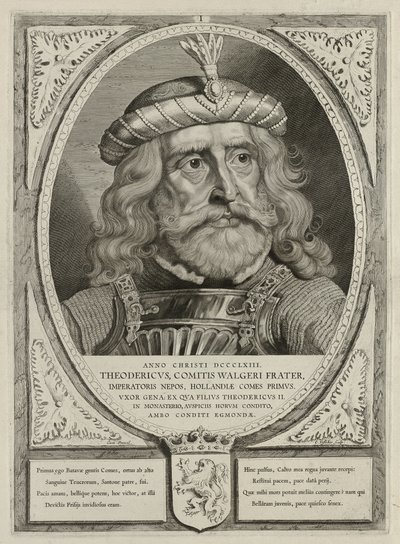 Dirk I, Count of Holland, in Armor. The Frame is Decorated with the Coat of Arms of Holland. by Cornelis Visscher