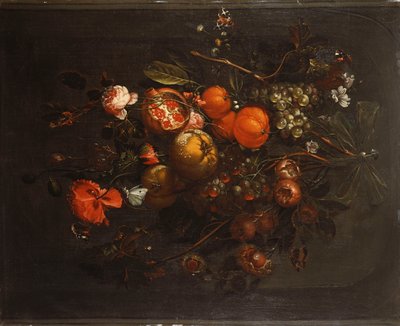 A Bouquet of Fruit and Flowers Hanging from a Nail in a Niche by Cornelis de Heem