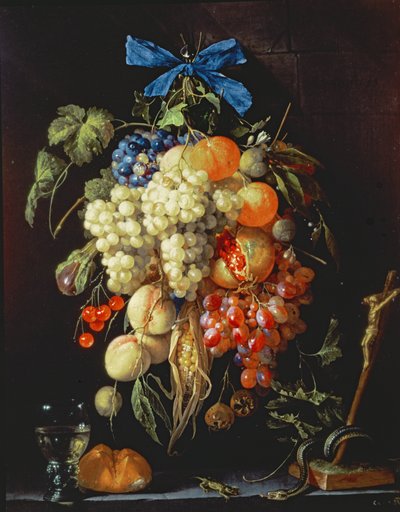Bouquet of Fruit with Eucharistic Symbols on a Ledge Below by Cornelis de Heem