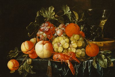 Peaches, Oranges, Grapes and Langoustines on a Pewter Plate and a Conical Roemer on a Box on a Partially Draped Ledge by Cornelis de Heem