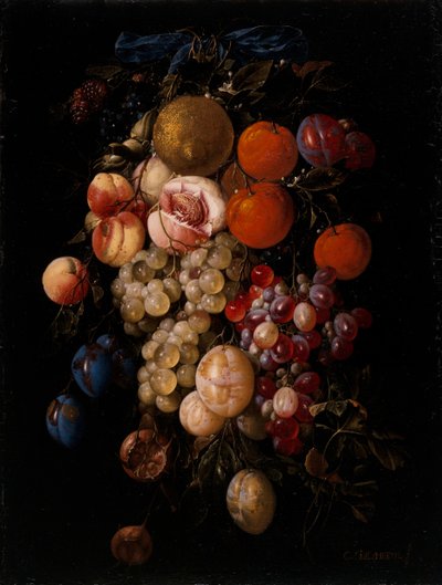 Still Life of Grapes, Cherries and Plums Hanging from a Nail with a Blue Ribbon by Cornelis de Heem