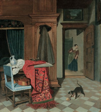 Interior with a Carpet, a Sword and a Jug on a Table, a Cello on a Chair, a Coat Hanging on a Cupboard, a Cat Playing with a Ball, a Maid Beyond by Cornelis de Man