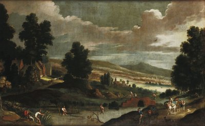 Landscape with Wayfarers and Fishermen by Cornelis de Wael