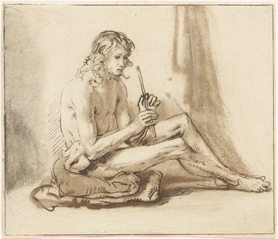 Seated Naked Man with Flute by Cornelis van Noorde