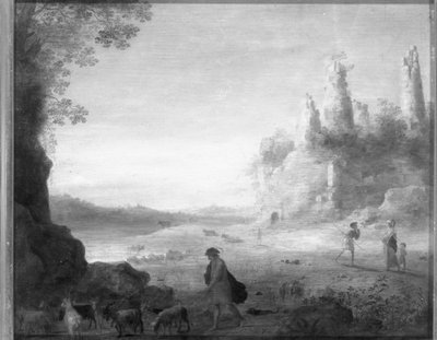 Italianate Landscape with Diana and Callisto with a Goatherd Near a Ruined Castle by Cornelis van Poelenburgh or Poelenburch