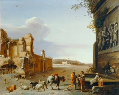 Ruins of Ancient Rome with a Bas-relief Representing the Sacrifice of Marcus Aurelius by Cornelis van Poelenburgh or Poelenburch