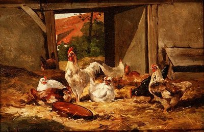 Chickens in a Barn by Cornelius van Leeputten
