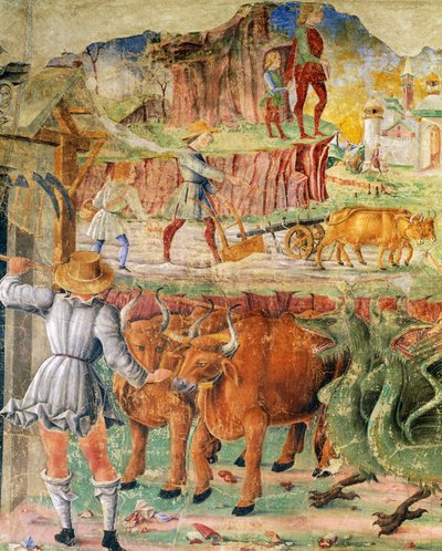Agricultural picture, detail from Triumph of Ceres, scene from Month of August, attributed to Cosimo Tura, and Master of Ercole, fresco, north wall, Hall of the Months, Palazzo Schifanoia, Ferrara, Emilia-Romagna, Italy by Cosimo (attr. to) Tura