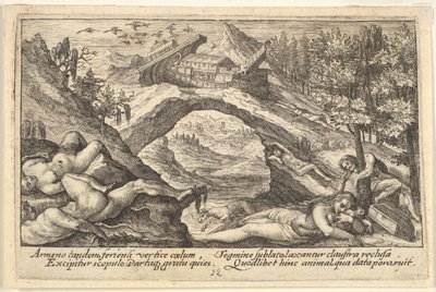 Aftermath of the Flood: human bodies strewn on dry land in the foreground, Noah