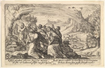 God enters into a covenant with Noah: next to a smoking pyre Noah kneels in a gesture of p... by Crispijn de Passe I