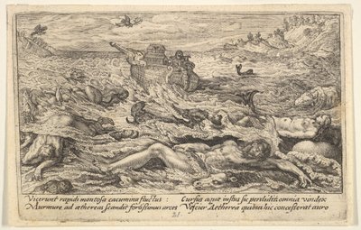 The Flood destroys life on earth: corpses of humans and animals adrift in the foreground, 1612 by Crispijn de Passe I
