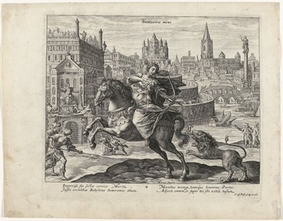 Hanging Gardens of Babylon with a Lion Hunt in the Foreground by Crispijn van de Passe (I)