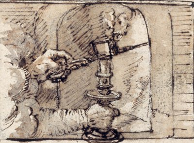 A pair of hands issuing from cloud, snuffing a candle in a candlestick by Crispin I de Passe