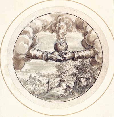 Hands holding a flaming heart and imperial crown with a view of Circus Maximus by Crispin I de Passe