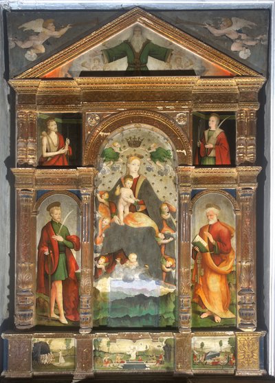 Crowned Madonna and Child with Angels, Saint Paul, Saint Peter by Cristoforo (fl.1525 1578) & Pancalino Raffaele (fl.1514 1573) Pancalino