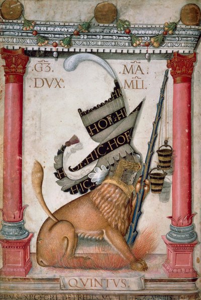Heraldic Symbol Depicting a Crest with a Lion, Sparks and Buckets of Galeazzo Maria Sforza, Illuminated Page by Cristoforo de Predis from the New Testament Codex, Varia 124, Italy 1475 by Cristoforo De Predis