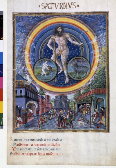 Saturn with Zodiac Signs of Aquarius and Capricorn. Downstairs, the Game Scenes and Its Influence on Men. Miniature Made by Cristoforo de Predis - in 
