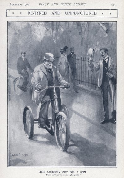 English Conservative politician and Prime Minister Lord Salisbury riding a tricycle by Cyrus Cuneo