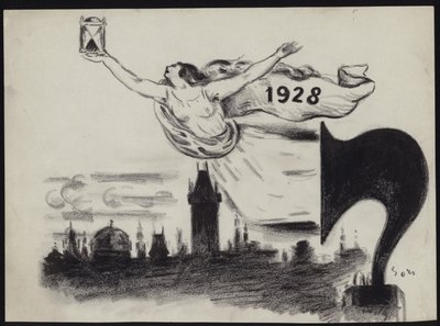 Female Figure Holding an Hourglass Over a Silhouette of the Skyline of Prague by Czech School