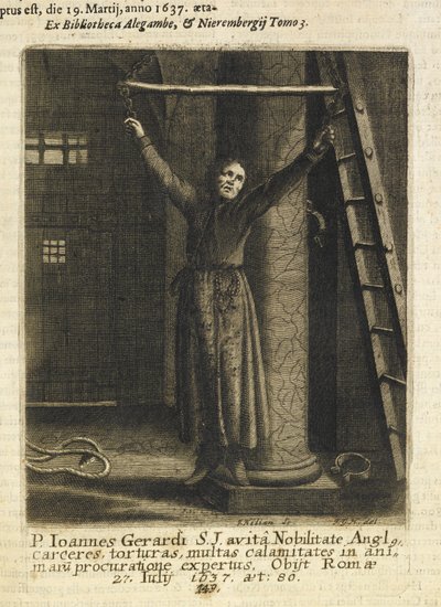 John Gerard, an English Jesuit priest, suspended from chains on the dungeon wall in the Tower of London by Czech School