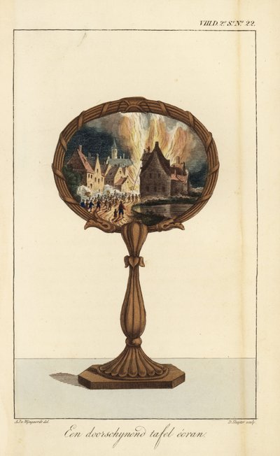 A translucent table screen decorated with a painting of a village on fire by D. Sluyter
