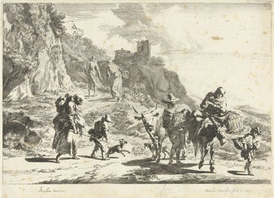 Woman on a Packed Donkey, Man with Cow and Other Travelers in Mountain Landscape by Dancker Danckerts