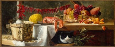 Still Life with Peppers, Fruits, a Lobster, and a Cat by Daniel Hock