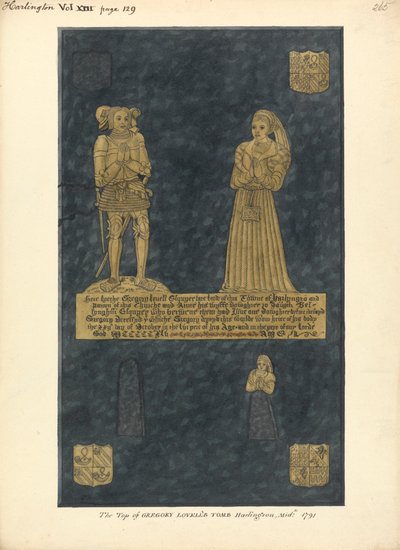 Brass Plate for Gregory Lovell and his Wife Anne, Daughter of David Bellingham, Harlington Church by Daniel Lysons