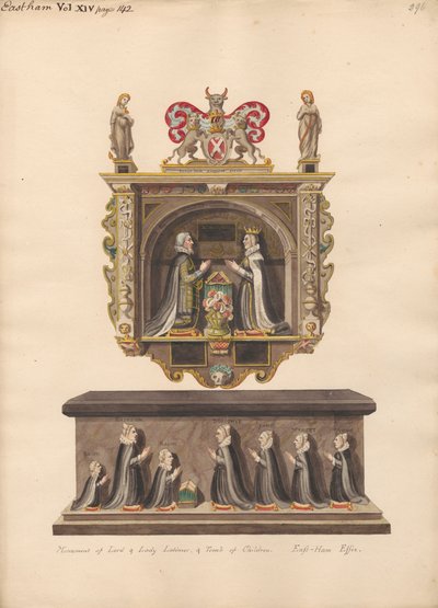 Memorial to Lord and Lady Latimer and Tomb of the Children Ralph, Katherin, Ralph, Dorothye, Jane, Margaret and Anne from East Ham Church by Daniel Lysons