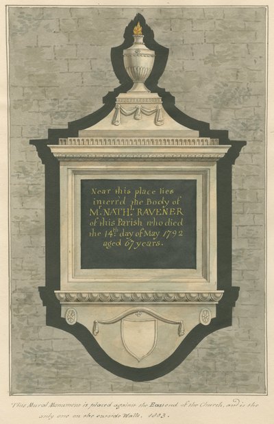 Memorial to Mr. Nathaniel Ravener from Greenford Church by Daniel Lysons