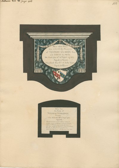 Memorial to Thomas Clarke and wife Sarah and Thomas Worlidge from Fulham Church by Daniel Lysons