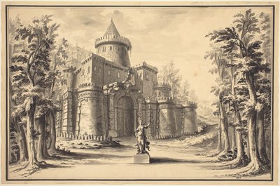 A Stage Set with a Statue and a Palace by Daniel Marot the Younger