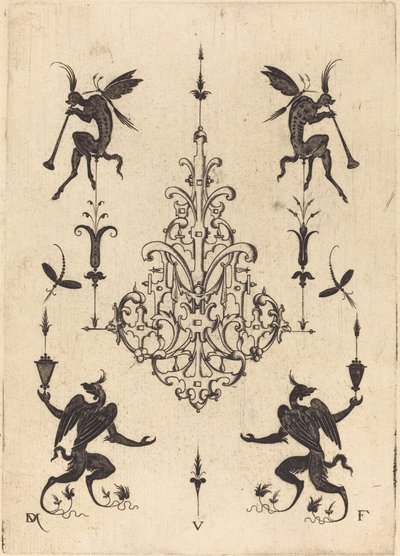 Brooch with Fantasy Creatures Blowing Horns at Top and Winged Griffins at Bottom by Daniel Mignot